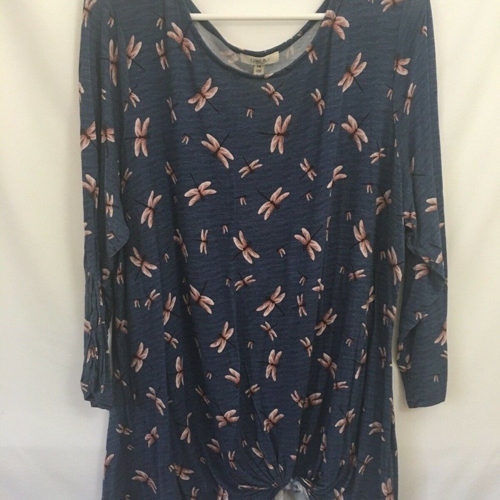 Como Blu 3/4 Sleeve Blue Dragonfly Tunic Top